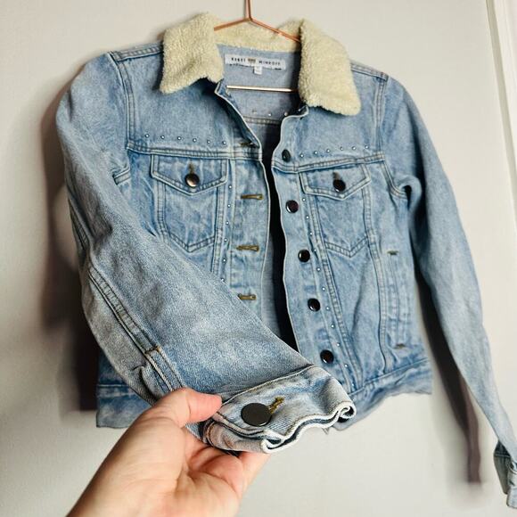 Rebecca Minkoff Light Blue Faux Fur Collar Clark Studded Denim Jacket Size XS - Picture 10 of 13